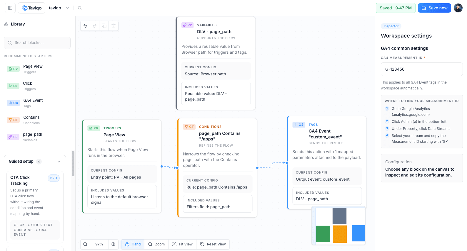 Taviqo workspace overview with sidebar, flow canvas, and inspector