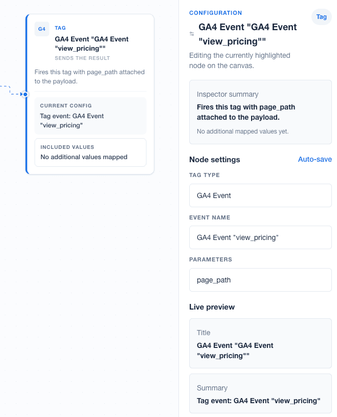 Taviqo inspector panel editing a selected GA4 event node